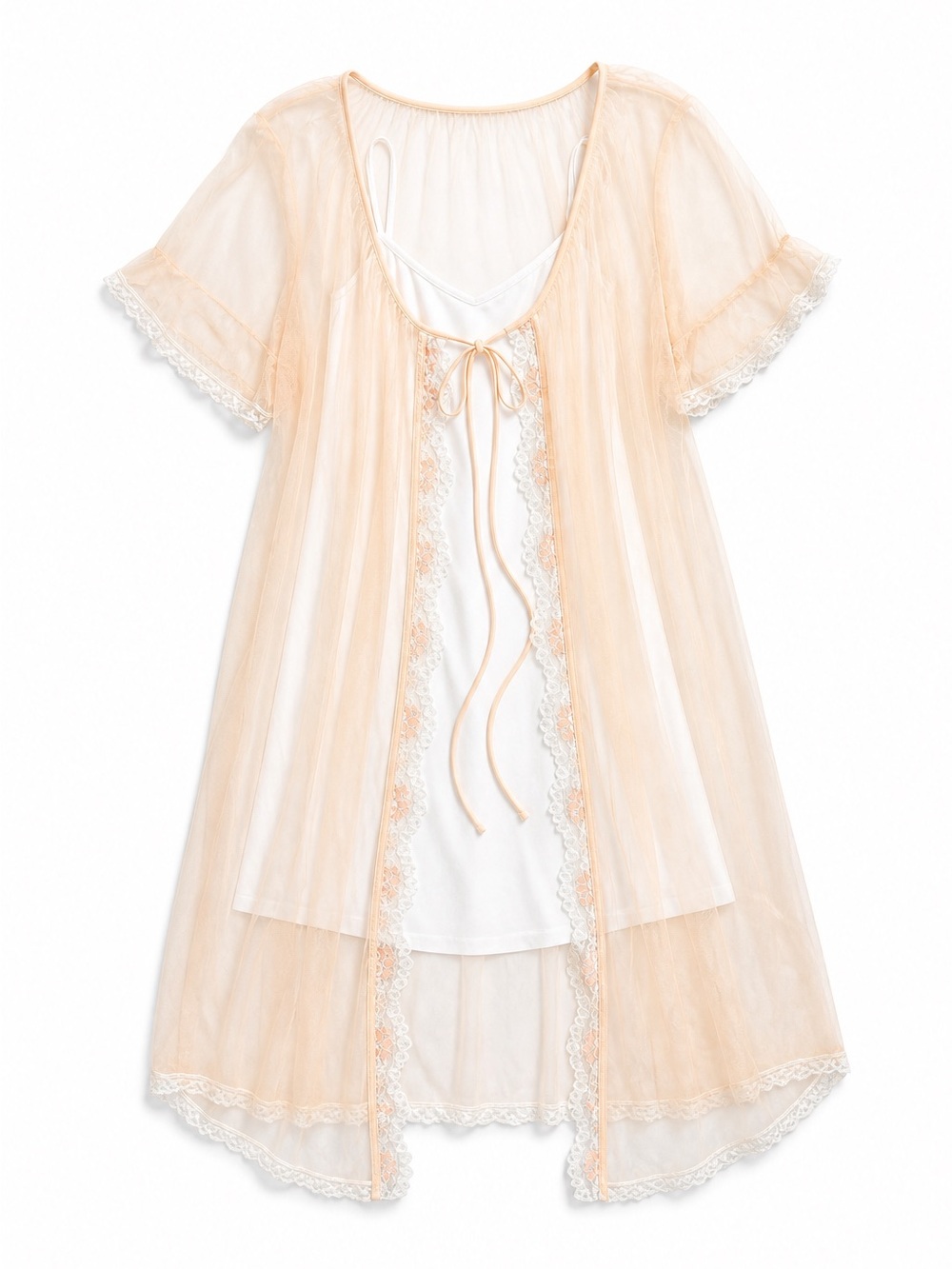 Vintage Nylon Mesh Lace Lined Tie Front Robe, Peaches and Cream